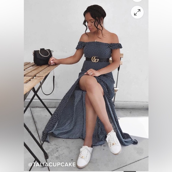 Dream Love Navy Blue Polka Dot Off-the-Shoulder Maxi Dress - Picture 5 of 9